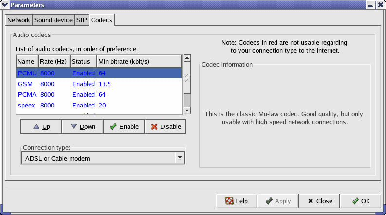 Pamrs-Dialog: Codecs Connection type ADSL or cable modem