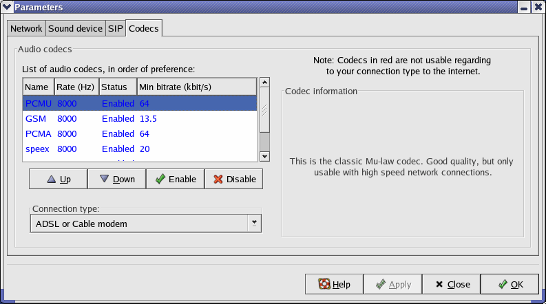 Parms-Dialog: Codecs Connection type ADSL or cable modem